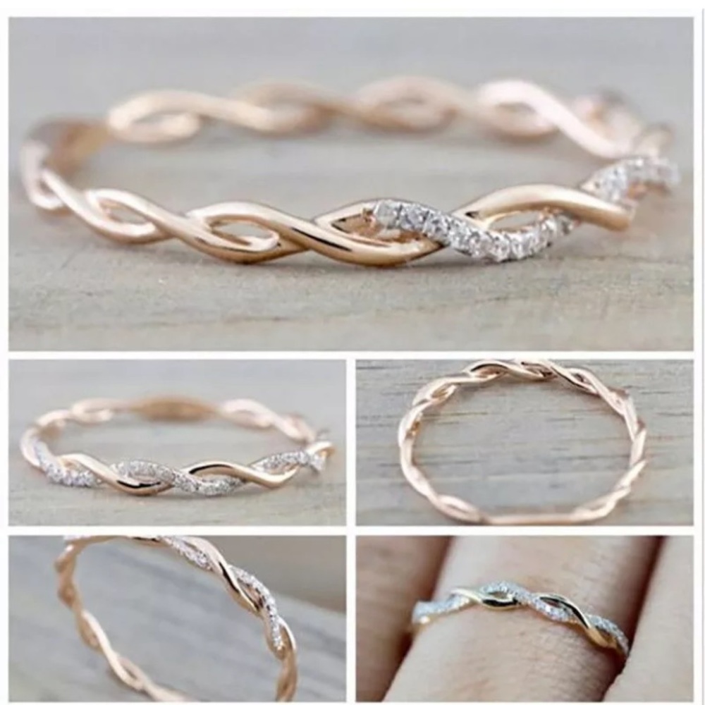 14k Rose Gold Twist Band Ring Cubic Zirconia - Picture 4 of 6